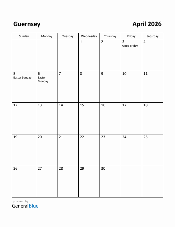 April 2026 Calendar with Guernsey Holidays