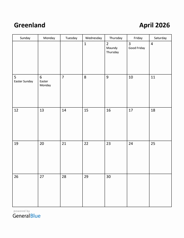 April 2026 Calendar with Greenland Holidays