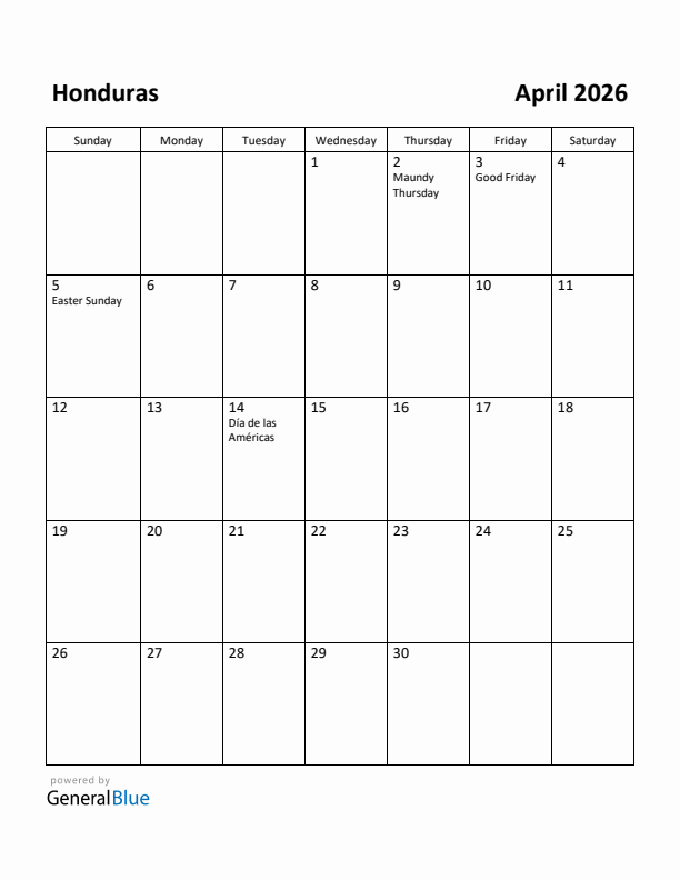 April 2026 Calendar with Honduras Holidays