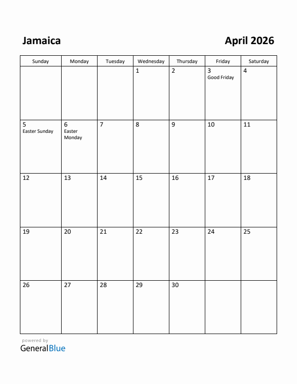 April 2026 Calendar with Jamaica Holidays