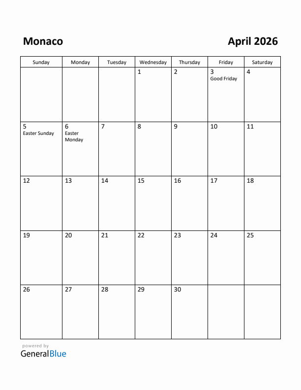 April 2026 Calendar with Monaco Holidays