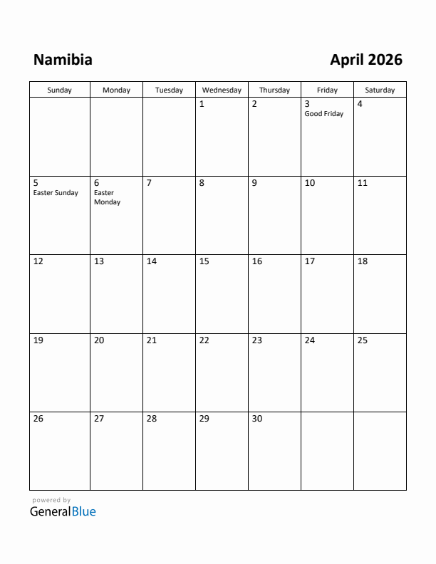 April 2026 Calendar with Namibia Holidays