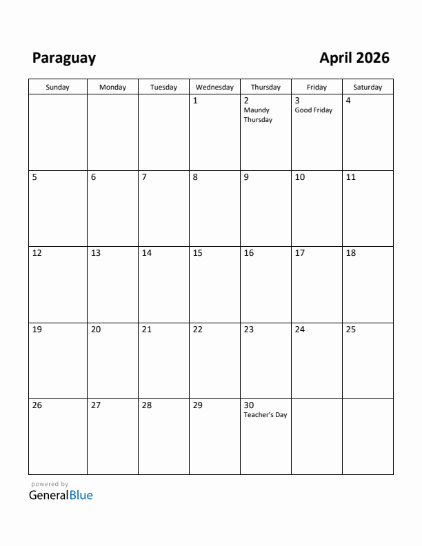 April 2026 Calendar with Paraguay Holidays