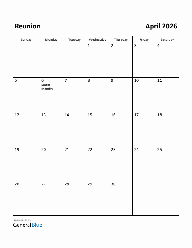 April 2026 Calendar with Reunion Holidays