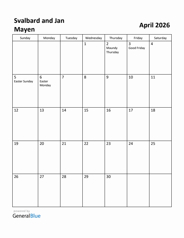 April 2026 Calendar with Svalbard and Jan Mayen Holidays