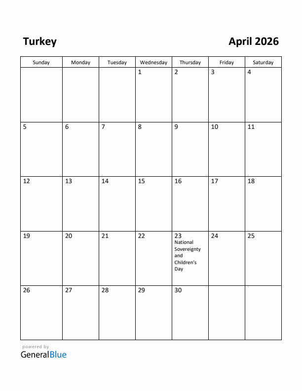 April 2026 Calendar with Turkey Holidays