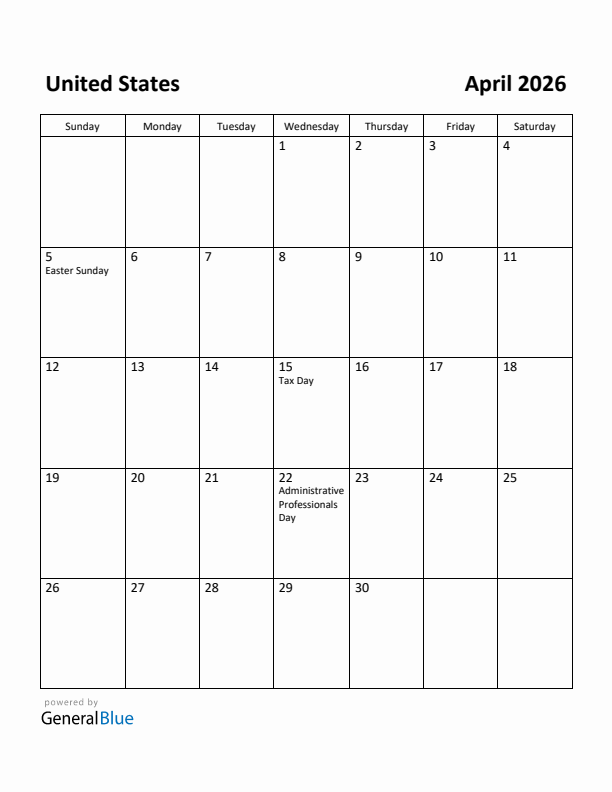 April 2026 Calendar with United States Holidays