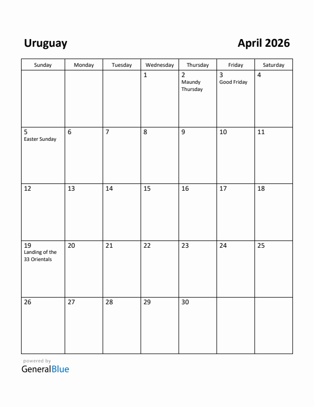 April 2026 Calendar with Uruguay Holidays