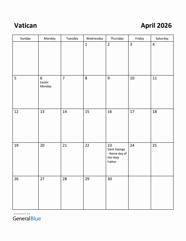 April 2026 Calendar with Vatican Holidays