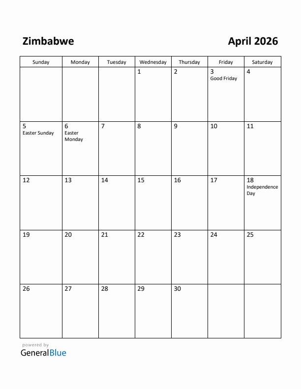 April 2026 Calendar with Zimbabwe Holidays