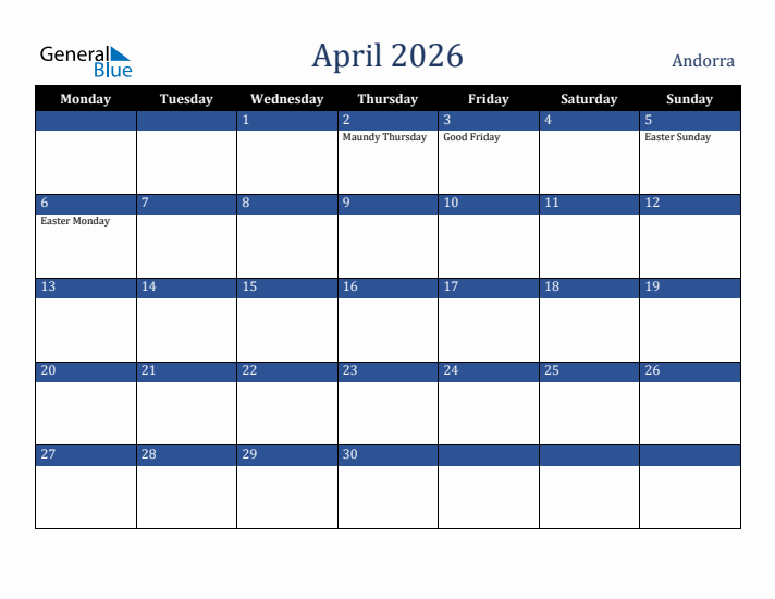 April 2026 Andorra Calendar (Monday Start)