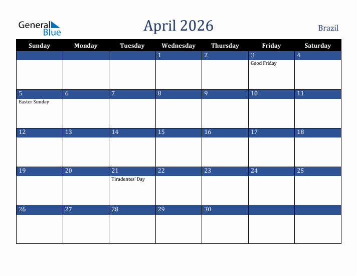 April 2026 Brazil Calendar (Sunday Start)