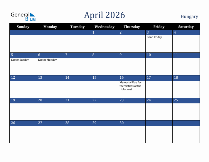 April 2026 Hungary Calendar (Sunday Start)