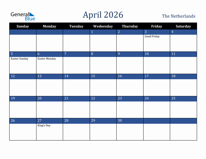 April 2026 The Netherlands Calendar (Sunday Start)