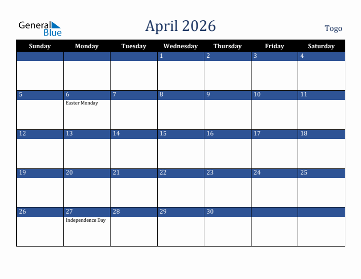 April 2026 Togo Calendar (Sunday Start)