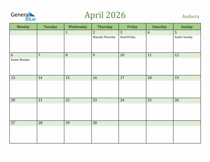 April 2026 Calendar with Andorra Holidays