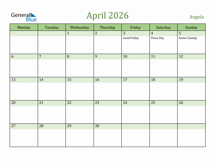 April 2026 Calendar with Angola Holidays