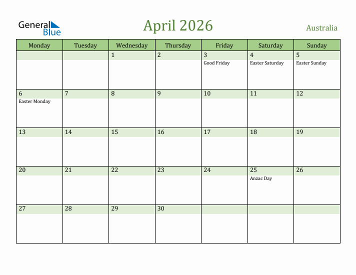 April 2026 Calendar with Australia Holidays