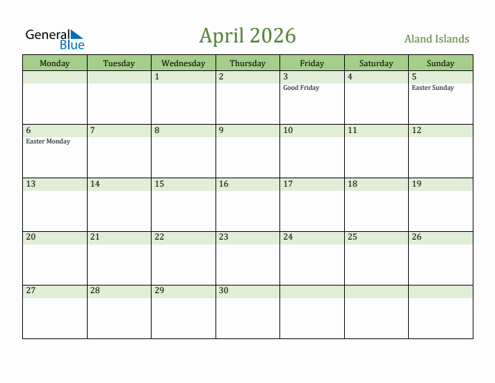 April 2026 Calendar with Aland Islands Holidays