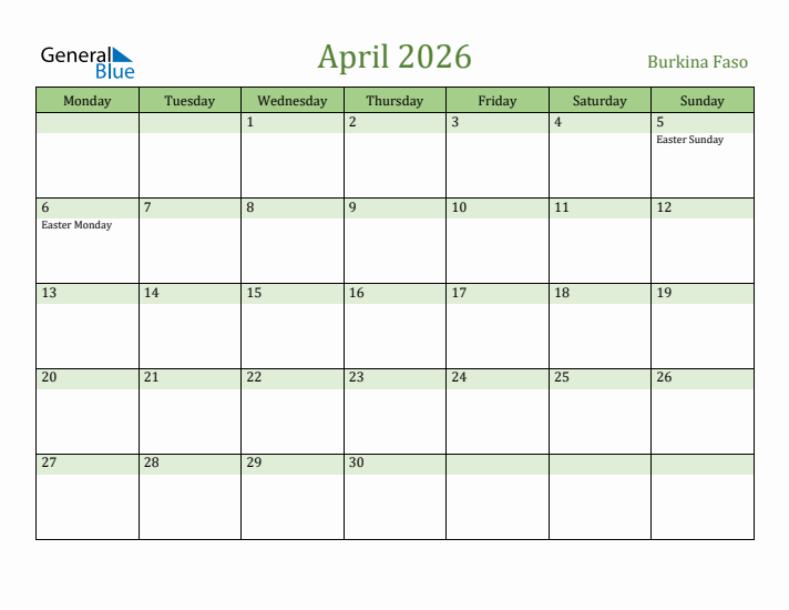 April 2026 Calendar with Burkina Faso Holidays