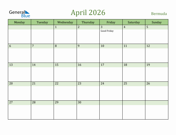 April 2026 Calendar with Bermuda Holidays