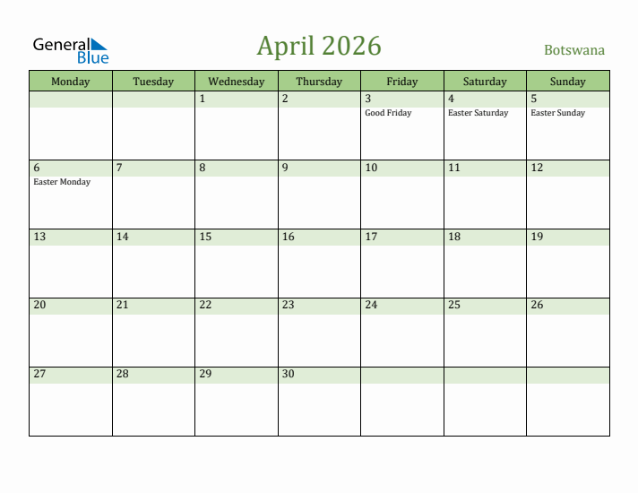 April 2026 Calendar with Botswana Holidays