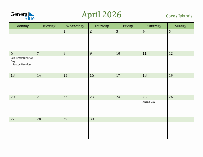 April 2026 Calendar with Cocos Islands Holidays