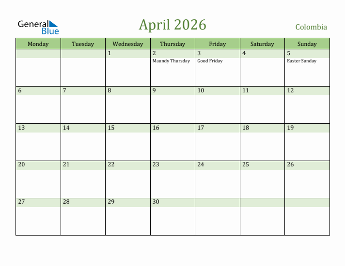 April 2026 Calendar with Colombia Holidays