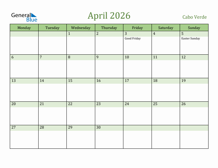 April 2026 Calendar with Cabo Verde Holidays