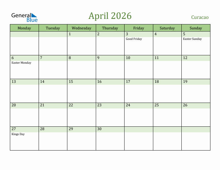 April 2026 Calendar with Curacao Holidays