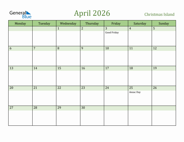 April 2026 Calendar with Christmas Island Holidays