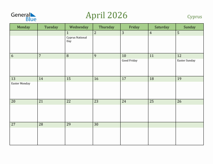 April 2026 Calendar with Cyprus Holidays