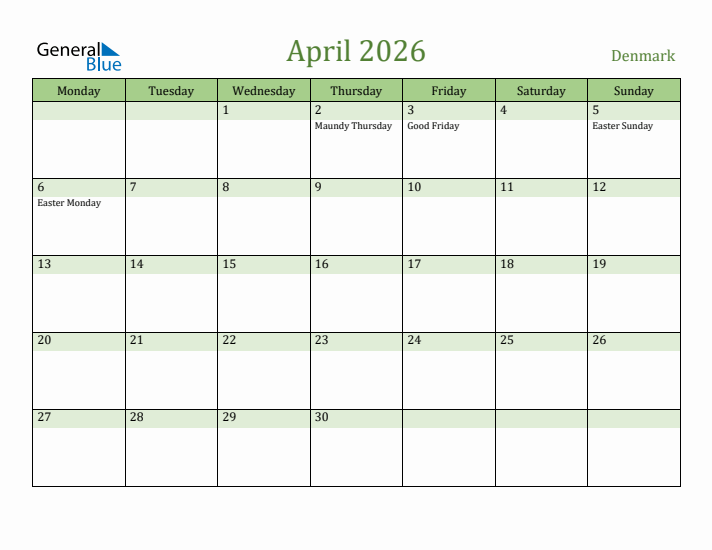 April 2026 Calendar with Denmark Holidays