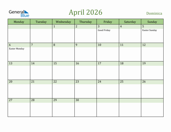 April 2026 Calendar with Dominica Holidays