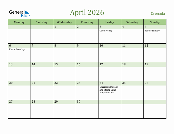 April 2026 Calendar with Grenada Holidays