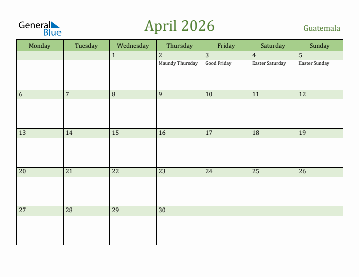 April 2026 Calendar with Guatemala Holidays