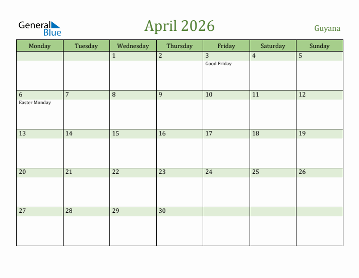 April 2026 Calendar with Guyana Holidays