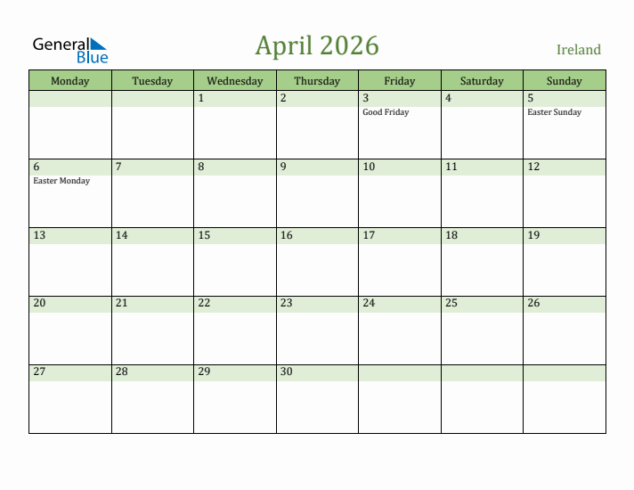 April 2026 Calendar with Ireland Holidays