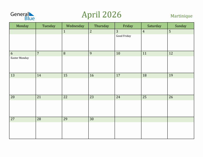 April 2026 Calendar with Martinique Holidays