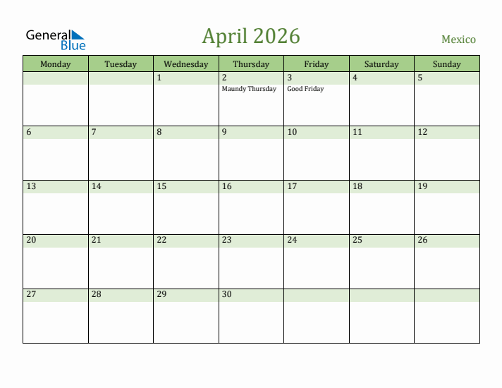 April 2026 Calendar with Mexico Holidays