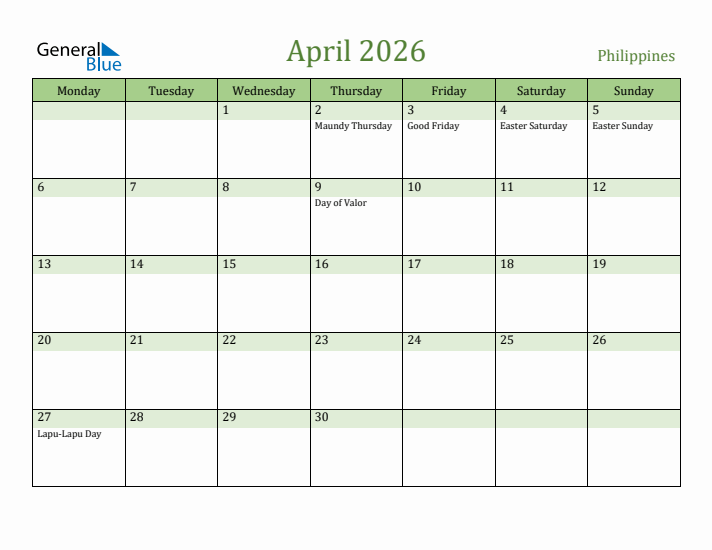 April 2026 Calendar with Philippines Holidays