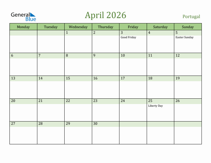 April 2026 Calendar with Portugal Holidays