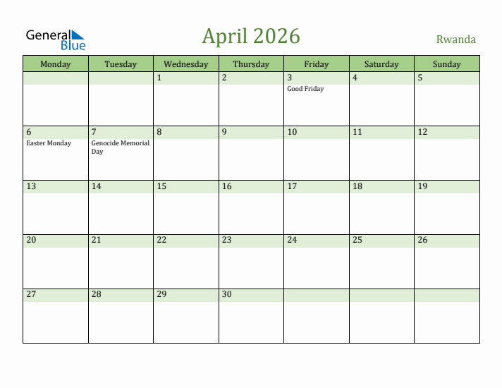 April 2026 Calendar with Rwanda Holidays