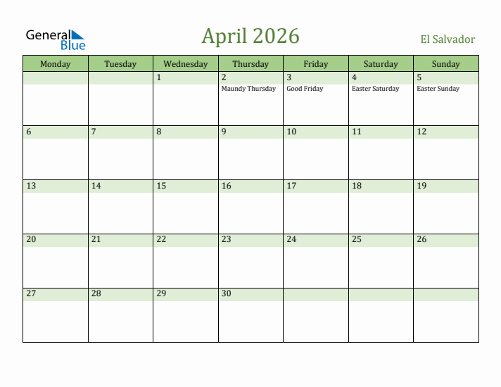 April 2026 Calendar with El Salvador Holidays