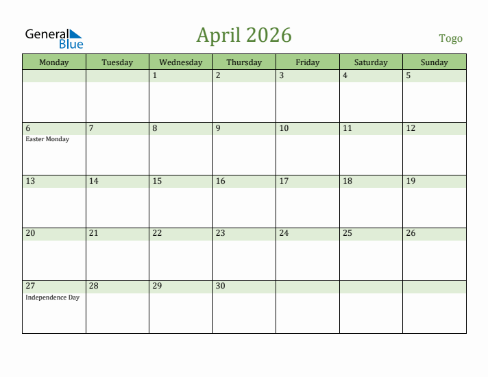 April 2026 Calendar with Togo Holidays