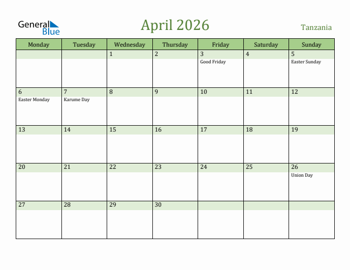 April 2026 Calendar with Tanzania Holidays