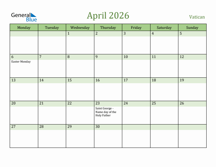 April 2026 Calendar with Vatican Holidays