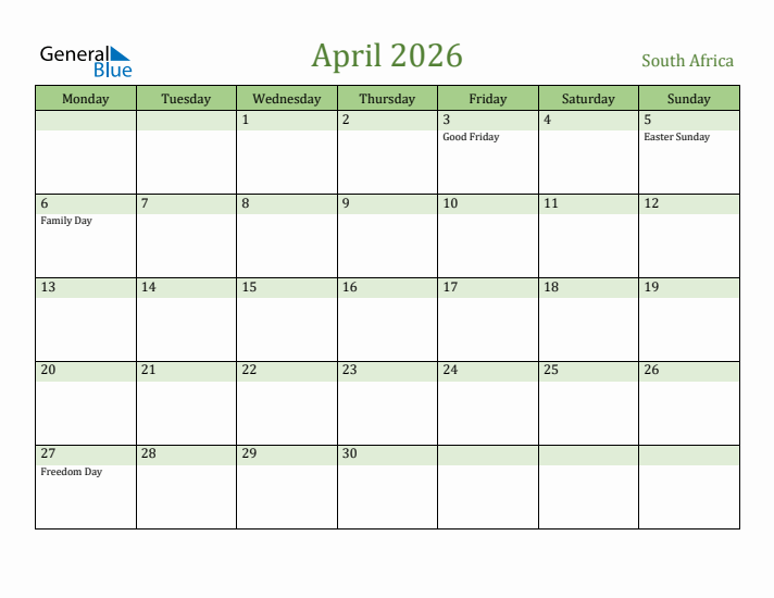 April 2026 Calendar with South Africa Holidays