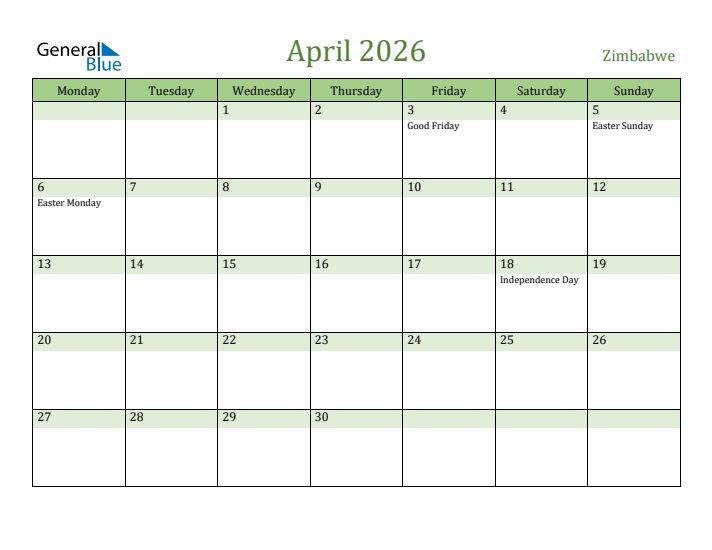 April 2026 Calendar with Zimbabwe Holidays