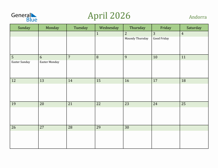 April 2026 Calendar with Andorra Holidays